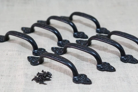 8 Large Cast Iron Antique Style Door Handles Gate Pull Shed Drawer Pulls Black Cover