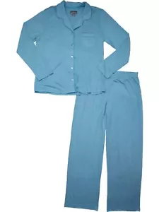 Womens Heathered Teal Button Up Top Pajamas Knit Notched Collar Sleep Set - Picture 1 of 1