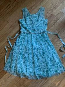 Rare Editions Girls Dress 16 Aqua/mint green Metallic Net Underskirt Ribbon Bow - Picture 1 of 10