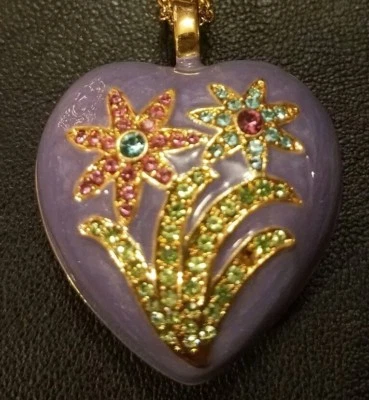 Joan Rivers Purple Enamel Heart Pendant Necklace Puffed Puffy Swarovski Crystals - Image 1 of 4