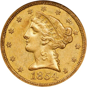 1854-O $5 Gold Liberty Head NGC AU58 CAC Gold Half Eagle 3094546-002 - Picture 1 of 3