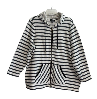 JONES NEW YORK 2X Striped Zip Hoodie French Terry Cotton 3/4 Sleeve Sweatshirt - Image 1 of 4