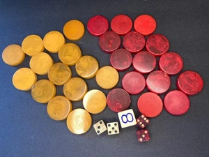 Vintage Marbled Butterscotch And Red Bakelite Backgammon Chips & Dice F7-36 - Picture 1 of 5