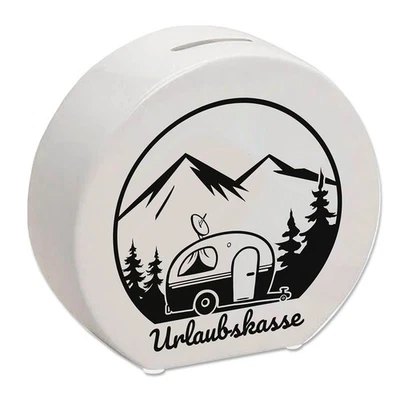 Urlaubskasse Spardose in schwarz-weiß mit Wohnwagen - Camping im Wald - Bild 1 von 4