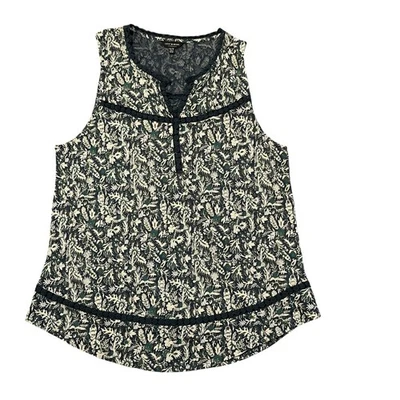 Lucky Brand Sleeveless Top Sz XL Floral Lace Trim Blouse Dark Green Womens Boho - Image 1 of 4