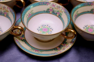 Lenox Monticello 6 Tassen mit Fuß & 1 Untertasse USA Green Scale Floral - Bild 1 von 8