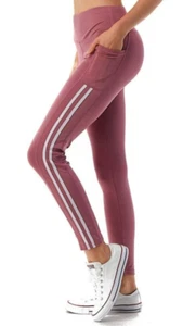 NEW! Sz L Women's High-Waisted 2 Side Pockets + Stripe Leggings Yoga Pants Rose - Picture 1 of 6