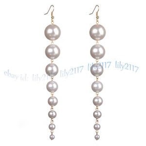 4-18mm South Sea White Shell Pearl Round Beads Long Dangle Hook Earrings Jewelry