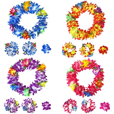 16 Piece Set Hawaiian Flower Leis Headband, Bracelet and Hair Clips Luau Party - Image 1 of 4