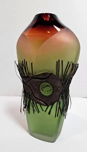 2010 Jim & Connie GRANT Copper Wrapped VASE Lime Green Amber Celestial Art Glass - Picture 1 of 16