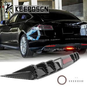 For Tesla Model S Rear Bumper Diffuser Splitter w/ LED Brake Light Carbon Fiber - Picture 1 of 12