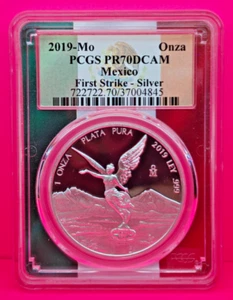 2019 Mo Mexico Libertad 1 Onza Silver First Strike PCGS PR70DCAM Mexico Flag !! - Picture 1 of 5