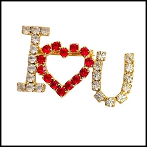 Rhinestone "I Love You" Brooch Pin - Gold Tone, Red Heart, Valentine's Day - Picture 1 of 9