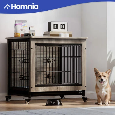 27" Wood Dog Crate Furniture w/ Wheels Double Doors Mobile Pet Kennel End Table - Image 1 of 4