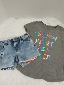 Justice Denim Shorts & SO Gray Graphic Tee Fill Your Heart With Smiles Size 12 S - Picture 1 of 8
