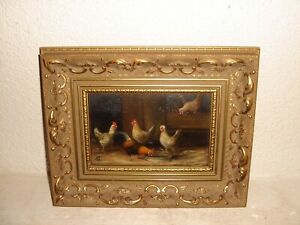 Antique oil painting, Chickens in the barn, W.A. Lammers, ( 1857 - 1913 ).