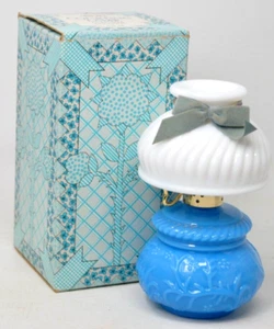 Vintage AVON Courting Lamp Blue White Milk Glass Charisma Cologne Boxed Empty - Picture 1 of 4