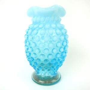 Vintage Fenton Blue Opalescent Glass Hobnail Mini Vase 4.3" Crimped Ruffle Rim - Picture 1 of 12