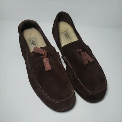 UGG Australia Boylan 12 Brown Leather Suede Tassel Shearling Moccasin Slippers - Image 1 of 4