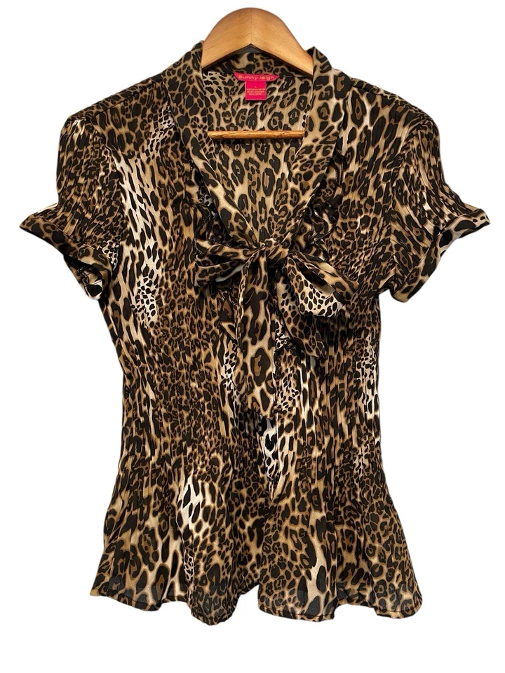 Sunny Leigh Blouse Top Womens Large Bow Ruching Stretchy Animal Print Leopard - Image 1 of 4