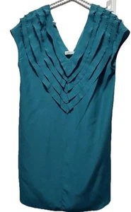 Dress Mini Deep Plunge Women Medium 100% Silk Raw Edge Ruffles Teal Popover - Picture 1 of 7