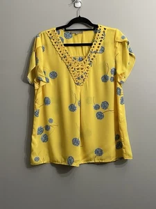 Daniel Rainn gelbe geblümte Bluse - L blau Hortensienmuster Häkelausschnitt Boho - Bild 1 von 12