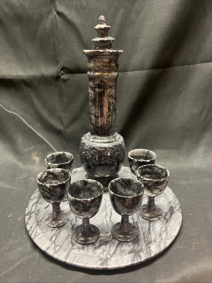 Hermoso conjunto de olla y tazas de vino de mármol de Taiwán vintage decoración antigua Foto 1 de 4