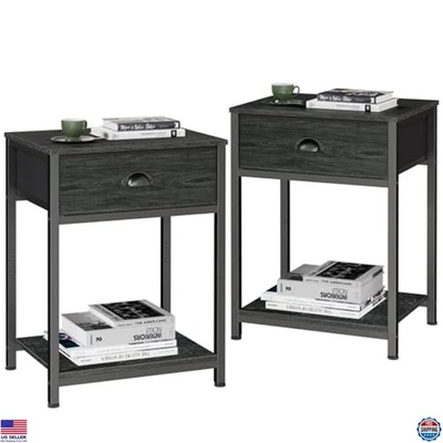 Juego de 2 Mesitas de Noche Industriales - Mesas de 23.6" Roble Negro con Cajón y Estante Foto 1 de 4