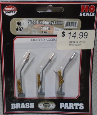 Model Power #497 HO SCALE 3 brass  SHORT SINGLE HIGHWAY LAMPS NEW IN SEALED PKG - Image 1 of 2