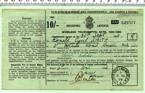 1932 WIRELESS TELEGRAPHS ACTS 1904-1926 RECEIVING LICENSE 10/- (348) - Bild 1 von 2
