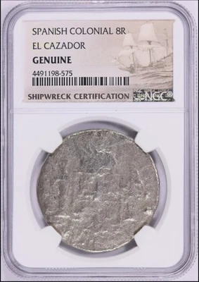 Spanish Colonial FF Mexico Silver 8 Reales NGC Genuine El Cazador Shipwreck Coin - Image 1 of 3