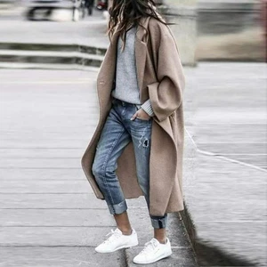 Lässiger langer einfarbiger warmer Wollmantel einreihiger Windbreaker für Damen - Bild 1 von 17