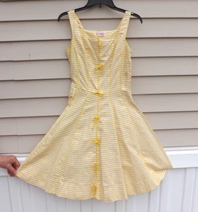 JOAN MILLER Juniors 1950's YELLOW STRIPED DRESS Pleated Flare - Picture 1 of 9