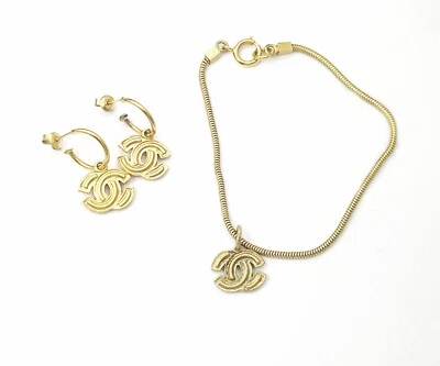 Chanel Vintage Gold Plated Popped CC Earrings Bracelet Set - Image 1 of 4