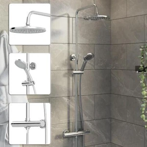 Bathroom Mixer Shower Thermostatic Dual Head Round Rainfall Head Handset Chrome - Picture 1 of 12