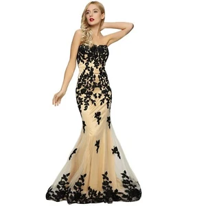 Women's Long Embroidery lace Evening Formal Pageant Prom Ball Gown Dress - Picture 1 of 6