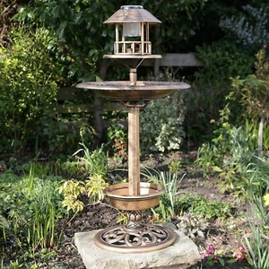 Luces de baño de aves con energía solar y mesa de alimentación efecto cobre tazón de flores de bronce - Imagen 1 de 3