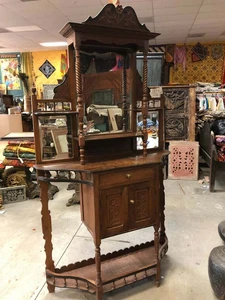Original Antique Vanity Mirror Bookshelf 2 Tone Wood Teak Carved Old World Desgn
