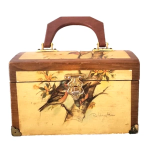 VTG Rectangle Wood Decoupage Box Purse/Turn Lock/Robins/9" L x 5" W - Picture 1 of 15