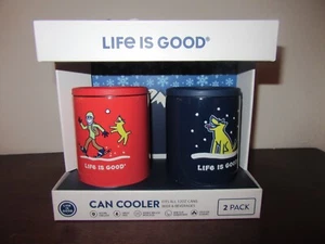  LIFE IS GOOD 12 OZ CAN COOLER "ROCKET ECTASY SNOW"  &  "SNOWSHOE JAKE & ROCKET" - Picture 1 of 2