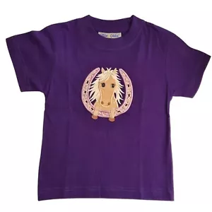 Children's T Shirt Horseshoe Horse Pony Design Embroidered on Purple Cotton - Picture 1 of 4