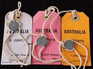 Australia: 1965 Royal Aust Mint Bulk 5c, 10c, 20c coin bag tags & 3 lead seals - Picture 1 of 4