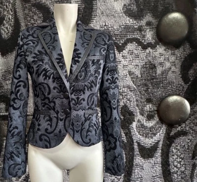 MARCIANO velvet jacquard blazer faux leather trim gray black womens 2 - Image 1 of 4