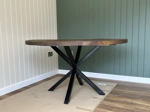 Round Solid Wood Industrial Dining Table Walnut Finish 140cm - Picture 1 of 6