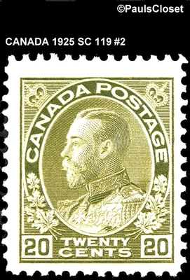 CANADA 1925 SC 119 KING GEORGE V 20¢ OLIVE GREEN MINT NEVER HINGED OG F/VF#2 - Image 1 of 2