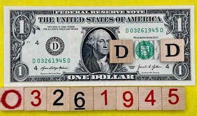 UNC March 26 1945 Birthday Date Note Fancy Serial Number $1 Dollar Bill CRISP FW - Image 1 of 4