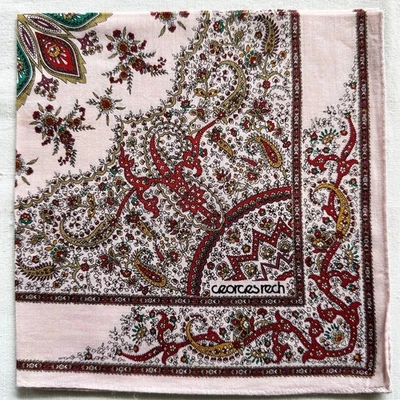 VTG Handkerchief light Pink Cotton Floral Red Brown Flourish Oriental Hanky 17" - Image 1 of 3