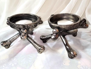 SET Pottery Barn Silver Metal Cross Bones Pillar Candle Holders Gothic Halloween - Picture 1 of 8