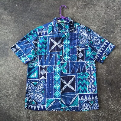 Vintage 60s Malihini Hawaiian Shirt Mens L Blue Tiki Aloha Button Up Camp - Image 1 of 4