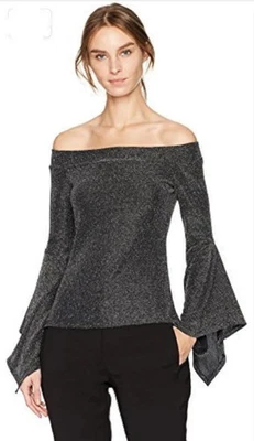Blusa BCBG MAXAZRIA LIANE Hombro Descubierto Manga Campana Negra Metálica Talla L ¡Nueva! Foto 1 de 4